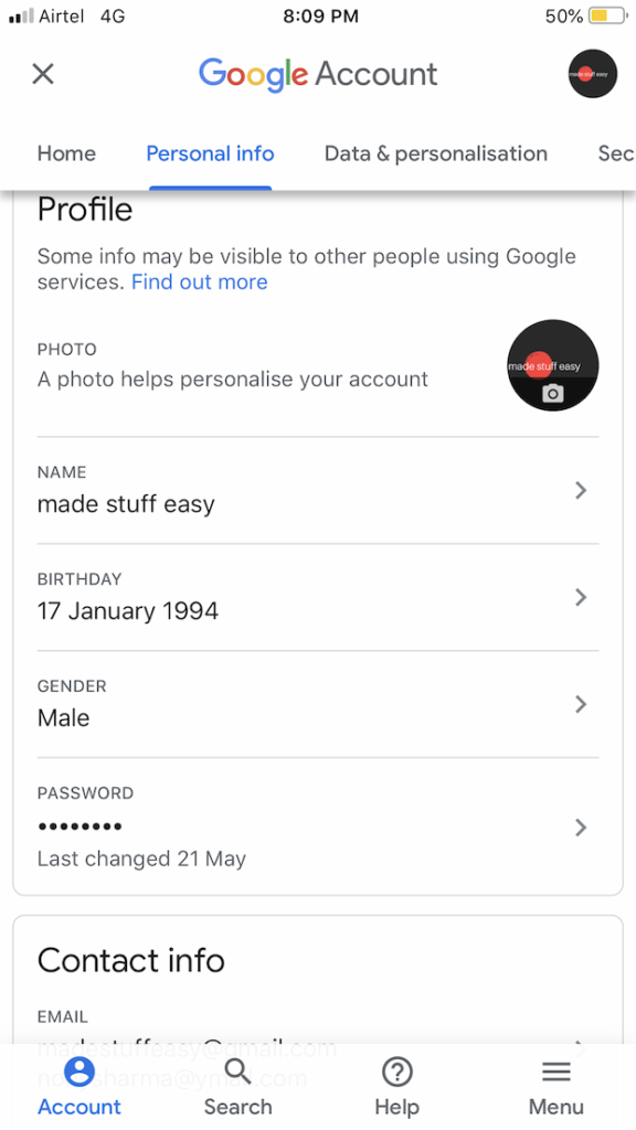 gmail personal info