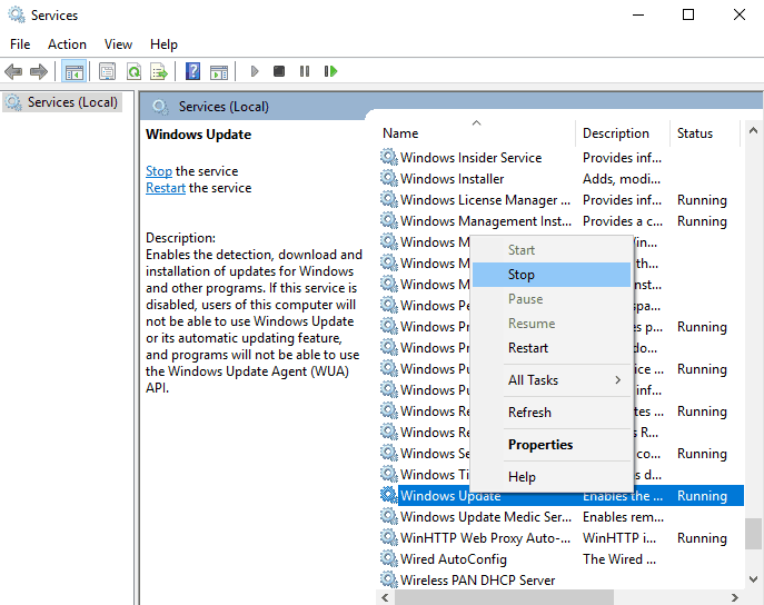 stop windows update services